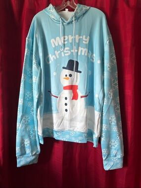 Merry Christmas Snowman Light Blue Holiday Hoodie